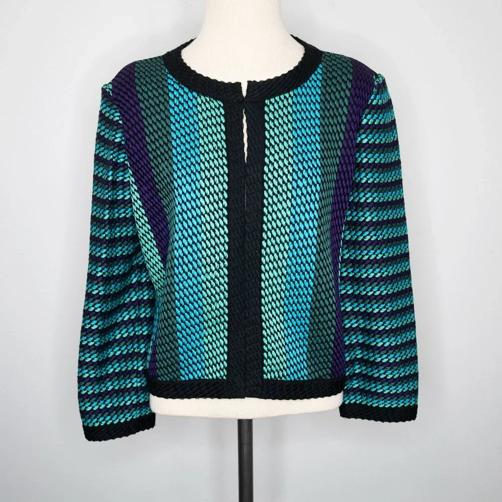 St. John Blue Teal Purple Woven Stripe Blazer P18 - Picture 2 of 8